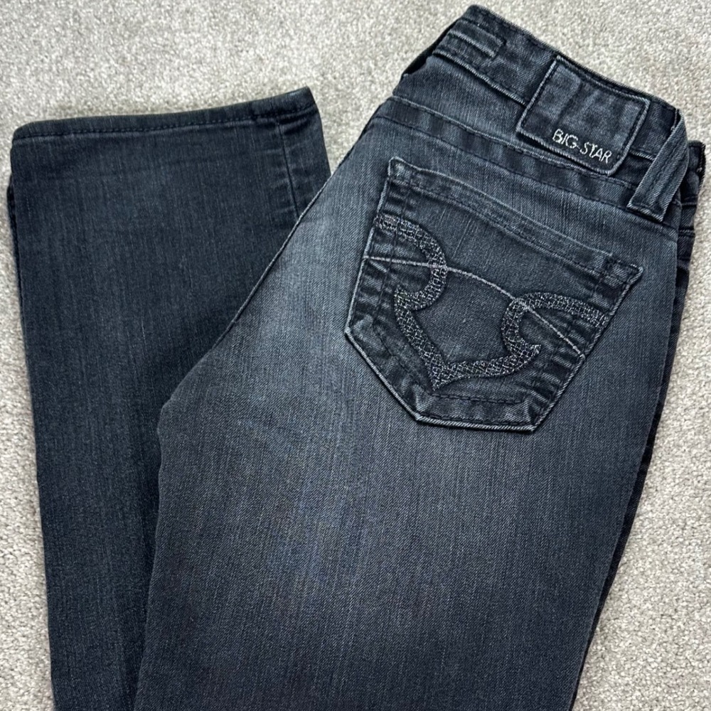 Big‎ Star Kayla Straight Leg Mid Rise Gray Wash Jeans Embellished Pockets